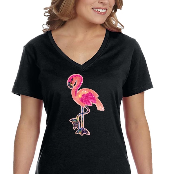 Women's Flamingo Vacation Tropical  Bird Zoo Pink Sparkle Gift Sequin Sequined V-Neck T-Shirt