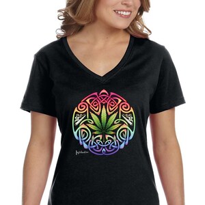 May include: A black v-neck t-shirt with a rainbow colored Celtic knot design featuring a green marijuana leaf in the center.