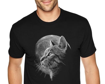 Men&#39;s Cat Moon T-shirt, Pet Tabby Kitten Siamese Animal Lover Shirt, Space Kitty Astronaut Earth Galaxy
