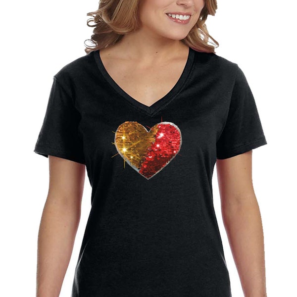 Women's Gold Red Heart Valentine's Reversible Flip Gift Sequin V-Neck T-Shirt