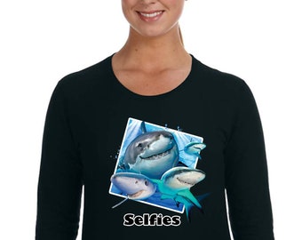 XtraFly Apparel Women's Tiger Shark Great White Hammer Head Mako Blue Fish Fishing Ocean Sea Swim Swimming Fisherman Beach V-neck T-shirt