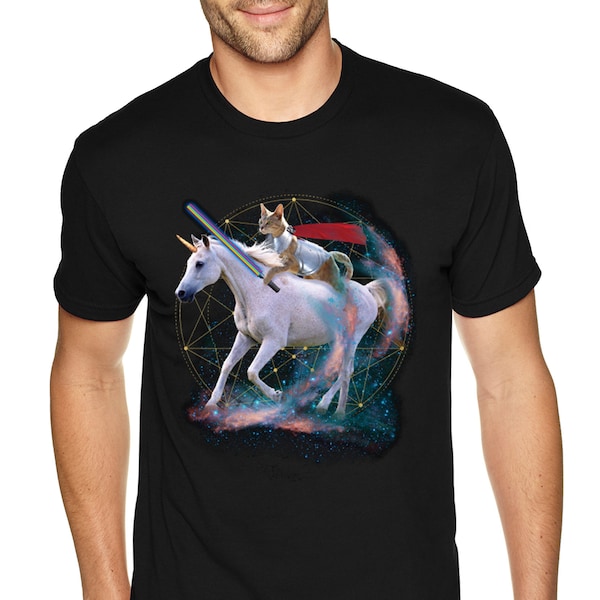 Men's Tee Unicorn Warrior Cat Space Galaxy Mythical Animal Rainbow Pet Horse Pony Magic UFO Mars Moon Alien Crewneck T-shirt