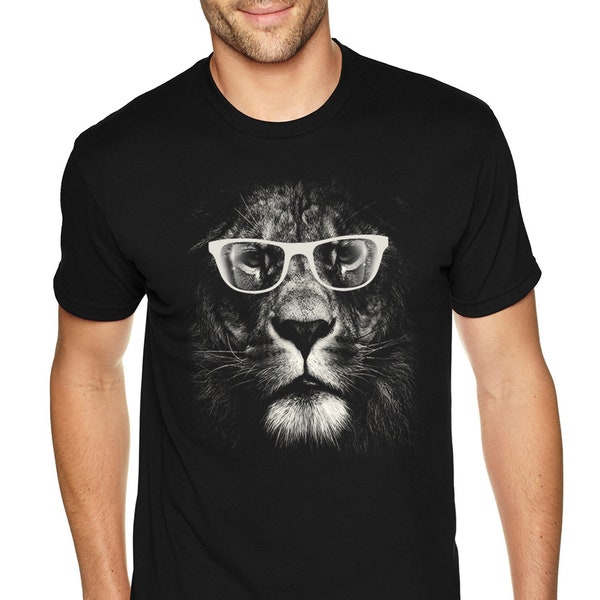 Men's Lion Glasses T-shirt, Hipster Animal Zoo Jungle African Cat Shirt, Wild Africa Tiger Nerd Safari Tee