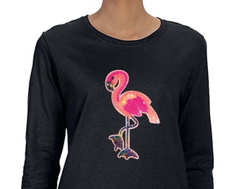 Women's Flamingo Vacation Zoo Bird Tropical Pink Sparkle Bling Gift Lentejuelas lentejuelas camiseta de manga larga