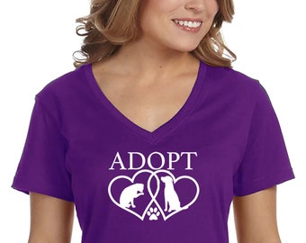 Women's Adopt V-neck T-shirt, Adoption Don't Shop Rescue Shelter Paw Heart Shirt, Pet Cat Dog Animal Lover Tee