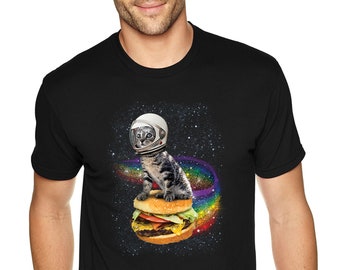 Men&#39;s Tee Rainbow Burger Cat Space Galaxy Pet Astronaut Animal Cheeseburger Alien UFO Mars Moon Rocket Ship Crewneck T-shirt