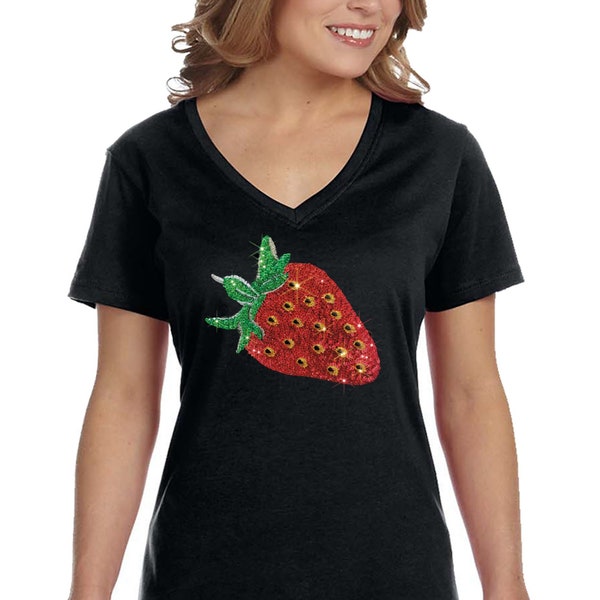 Womens Strawberry Fruit Festival Summer Sparkle Gift Cute Sequin Sequined V-Neck T-Shirt