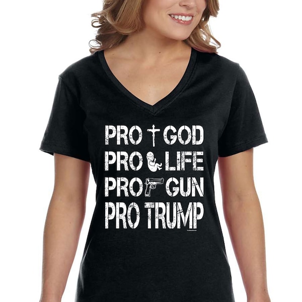 Women's Pros Trump 2024 God Life Gun Religious 2nd Amendment American Flag Pride Patriot Republican MAGA USA V-neck T-shirt