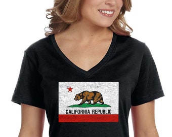Camiseta de cuello en V de California Republic State para mujer, camisa vintage Cali Bear West Side, camiseta de verano de Los Ángeles
