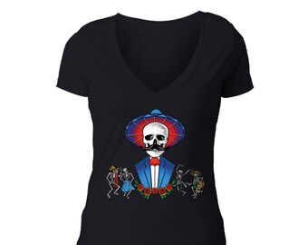 Women's Mustache Skull Hat Blue Jacket Sugar Day of the Dead Dia De Los Muertos Mexican Heritage V-Neck  T-Shirt Black