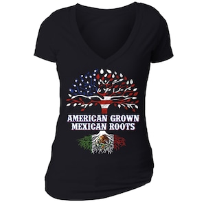 Women&#39;s American Grown Mexican Roots V-neck T-shirt, USA Spanish Hispanic Chicano Shirt, Mexico Latino Pride Tee