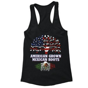 Women&#39;s American Grown Mexican Roots Tank Top, USA Flag Spanish Hispanic Chicano Shirt, Mexico Latino Pride Tee