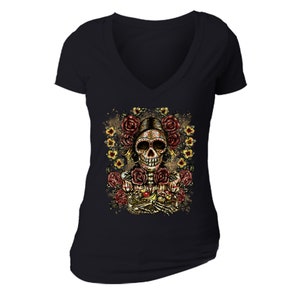 Esqueleto femenino Mujer Flor Fruta Sugar Skull Día de los Muertos Dia de los Muertos Herencia Mexicana Rosa Amor V-Cuello Negro