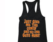 XtraFly Apparel Women 39 s Halloween Just Give Me Candy Trick or Treat Scary Pumpkin Halloween Costume Racerback T-shirt Black
