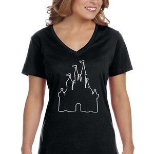 Women&#39;s Castle Outline V-neck T-shirt, Matching Family Vacation Magical Theme Shirt, Magic Cruise Fantasy Tee