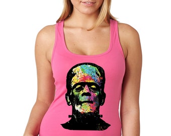 Women's Technicolor Frankenstein Shirt, Neon Monster Tie Dye Prometheus Tank, Halloween Gothic Scary Horror Tee