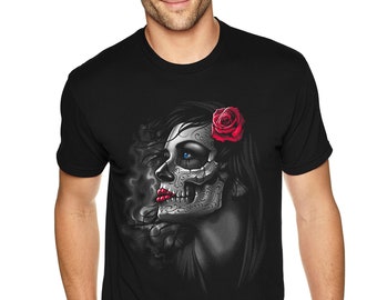 Men&#39;s Los Muertos Girl Red Flowers Sugar Skull Day of the Dead Dia de los Muertos Mexican Heritage Rose Love T-Shirt Black