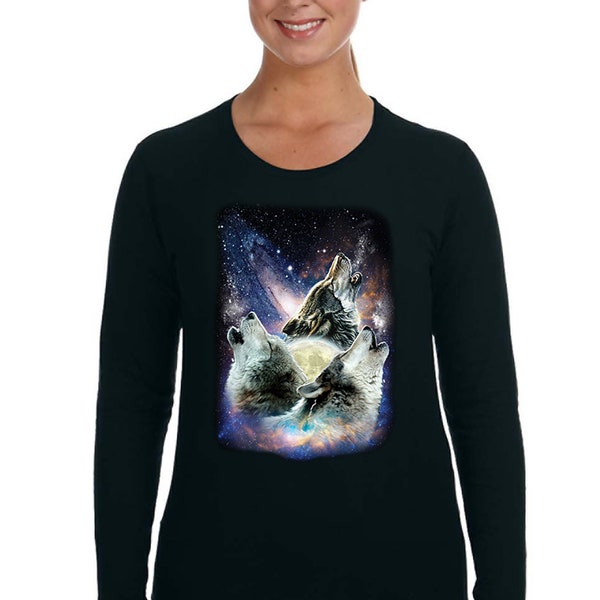 Women's Space Wolves Galaxy Mars Moon Alien UFO Wild Animal Wildlife Wolf Pack Rocket Ship Astronaut Long Sleeve T-Shirt