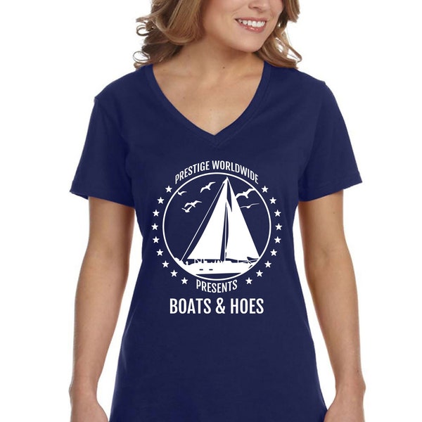 Women's Prestige Worldwide Presents Boats V-neck T-shirt, Funny Nautical Beach Shirt, Fishing Diving Cruise