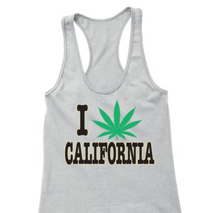 May include: Gray tank top with a black and yellow "I love California" graphic and a green marijuana leaf.