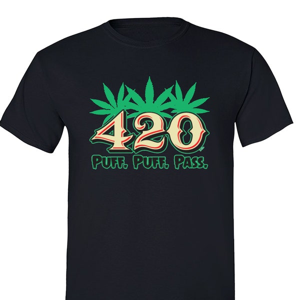 Men's Puff Puff Pass 420 Tee Marijuana Leaf Weed Pot Kush Bud Joint Dope High Gift Men's Crewneck T-shirt