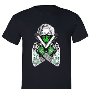 Men's Marilyn Monroe Guns 420  Marijuana Leaf Weed Pot Kush Bud Joint Dope High Gift Men's Crewneck T-shirt