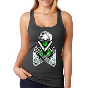 Women's Marilyn Monroe Guns 420 Marijuana Leaf Weed Pot Kush Bud Joint Dope Cannabis High Stoner Stoned Blunt Gift Racerback