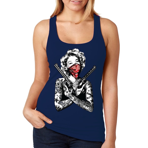 Women's Marilyn Monroe Guns Shirt, Bandana Tattoos 2nd Second Amendment Tank, Sexy Pin Up Vintage Bombshell Biker Motorcycle Tee