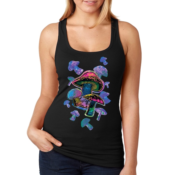 Women's Colorful Mushrooms Rave Dance Hippie MD Music Festival Desert Nature Plants Forest Portal Party DJ Racerback