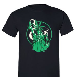 May include: A navy blue t-shirt with a green graphic of the Statue of Liberty holding a bong and a joint. The graphic is surrounded by a white circle with a green marijuana leaf.