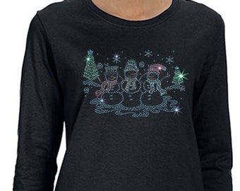 Women&#39;s 3 Snowman Rhinestone Studs Christmas Sweater Winter Holiday Santa Sparkle Bling Snowflake Tree  Long Sleeve T-shirt