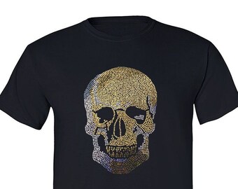 Men&#39;s Sugar Skull Bling T-Shirt, Halloween Day of Dead Shirt, Gothic Skeleton Rhinestone Sparkle Sequin Tee