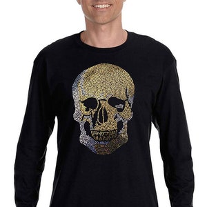 Men&#39;s Sugar Skull Bling Long Sleeve T-Shirt, Halloween Day of Dead Shirt, Skeleton Rhinestone Sparkle Sequin Tee