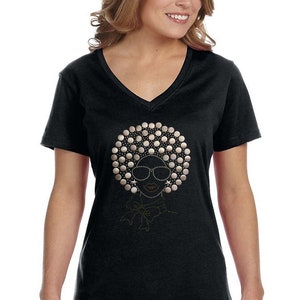 Womens Vneck Tshirt Print, Afro Lady Jamaica Shirt, White Sequin Shirt African Print Shirt, African Print Top, Girl With Cornrows Sexy Vneck