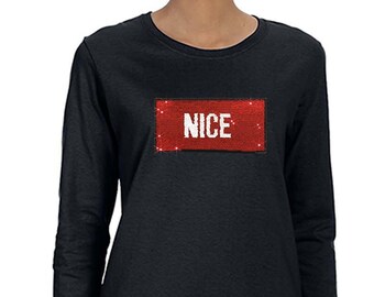 Women&#39;s Naughty Nice Flip Reversible Sequin Sequined Sweater Christmas Party  Long Sleeve T-Shirt