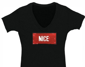 Free Shipping Women&#39;s Naughty Nice Flip Reversible Sequin Sequined Sweater Christmas Party V-neck T-Shirt