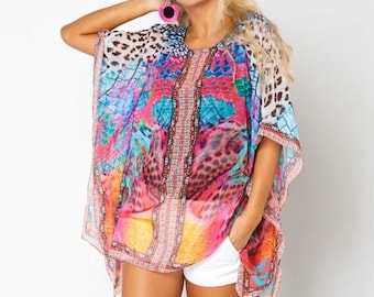 Women's Summer Poncho Top, Handmade Bohemian Tunic Short Caftan Kaftan Chiffon Blouse, Floral Tropical Animal Print Boho Beach Cover Up