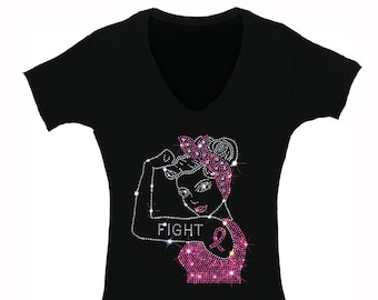Breast Cancer Rhinestone Fight Womens Vneck Tshirt, Rosie Riveter Shirt, Fight Cancer Shirt, Awareness Shirt Graphic Tshirt