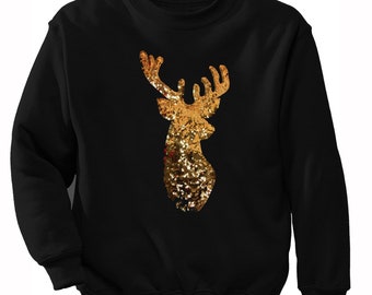 Golden Reindeer Sequins Christmas Sweater Santa Winter Holiday Gift Snowflake Tree Snowman Men&#39;s Women&#39;s Crewneck Sweatshirt