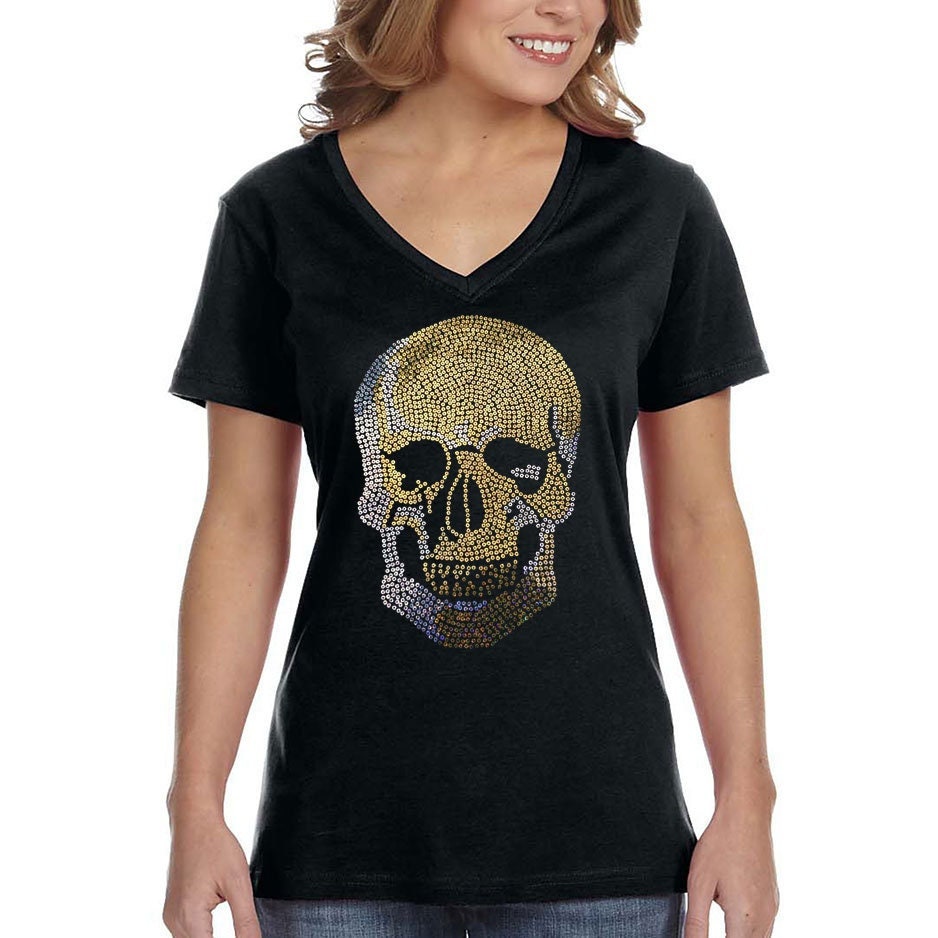 Women's Sugar Skull Bling V-neck T-shirt, Halloween Day of