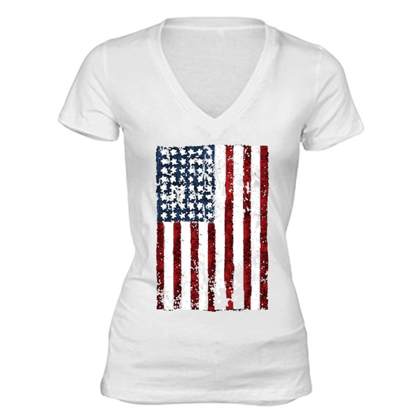 Women's American Flag Vertical Hanging Distressed 4th of July Tee USA Pride Gift Women's V-Neck T-shirt