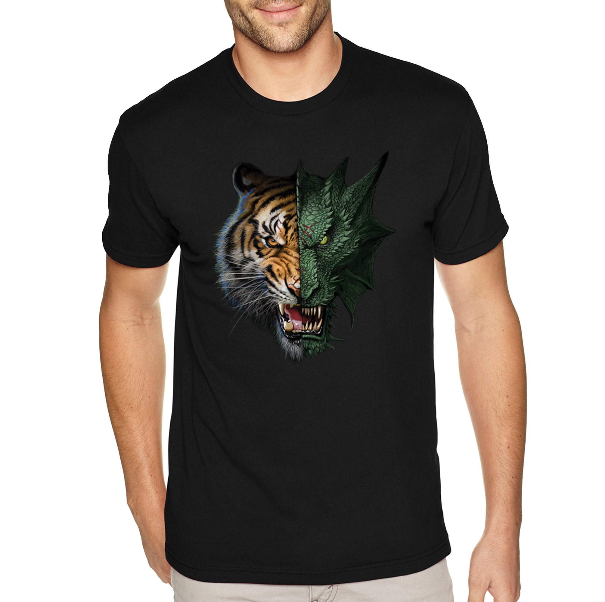 Unique Mens Tshirt Graphic, Mythical Creatures Tiger Dragon Print T Shirt Mens, Tiger king Custom Mens Crewneck, Safari Animals svg Tshirt