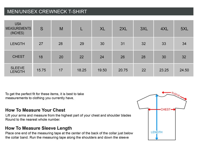 Puede incluir: Una tabla de tallas para una camiseta de cuello redondo unisex para hombre, con medidas en pulgadas. La tabla incluye tallas de la S a la 5XL, detallando largo, pecho y largo de manga. Tambi&eacute;n se proporcionan instrucciones.