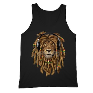 May include: Black tank top with a lion wearing headphones and dreadlocks. The lion's dreadlocks are decorated with red, yellow, and green beads.