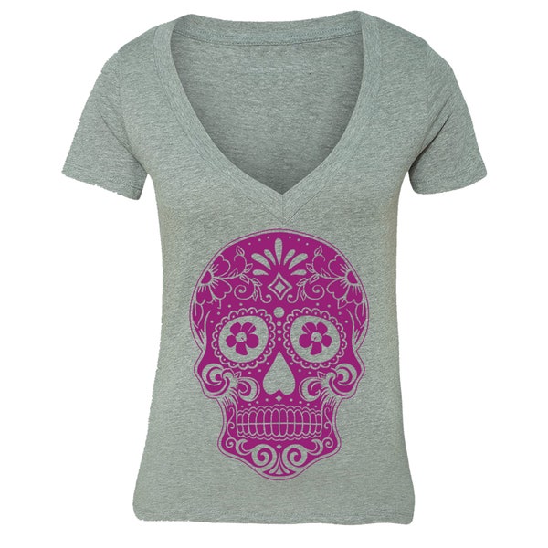 Women's Pink Flower Sugar Skull Day of the Dead T-shirt Pink Flower Mexican Gothic Dia Los Muertos Women's V-Neck T-shirt
