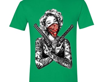 Long Sleeve T-shirt For Men Marilyn Monroe Gangster Pose Guns Tattoo Tee Shirt - Foto 14