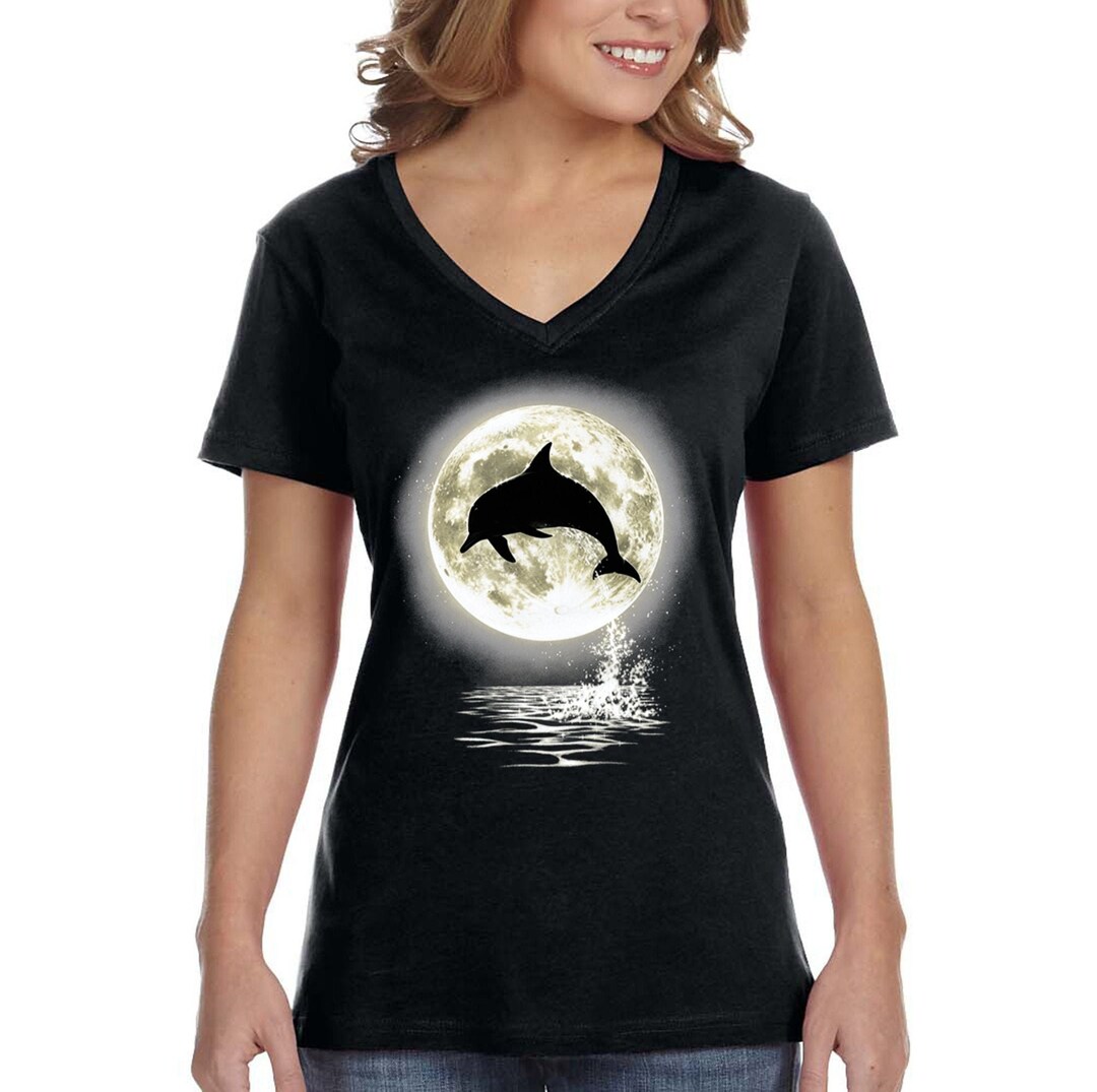 Women's Dolphin Moon Silhouette V-neck T-shirt, Pod Beach Ocean