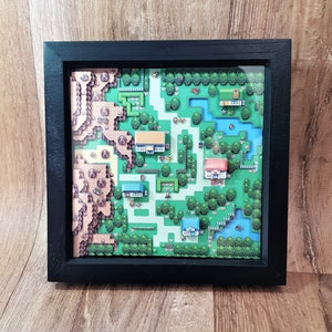 Fanart Pokemon - carte Kanto - art mural encadré 3D diorama - cadeau de jeu rétro geek inhabituel - Nintendo, Pikachu, Ash, Charizard