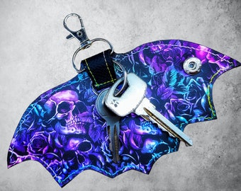 Purple skulls Bat wing key cover, Key holder, Keyfob, Gothic, Goth Keyring, Accessory, Gifts, Skull Pattern Alternative, Housewarming