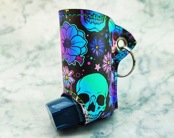 Gothic skulls asthma inhaler holder cover keyring, fits pump, gothic gift, asthmatic gift, alternative gift, unisex, respiratory wellbeing